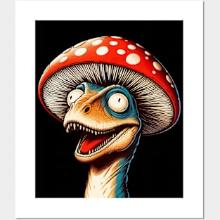 Funny Velociraptor Mushroom Hat Dinosaur Garden Posters and Art